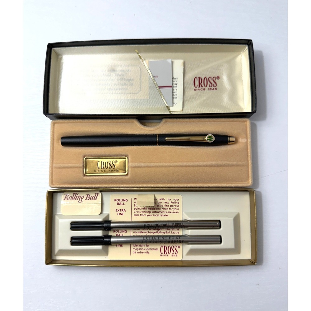 CROSS Rolling Ball Pen Black Gold Trim Vintage 1990 Engraved with Box Refills